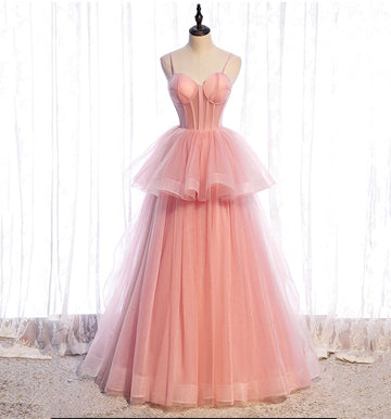 A Line Spaghetti Strap Tulle Prom Dress Evening Dress Seep Train HZ1023